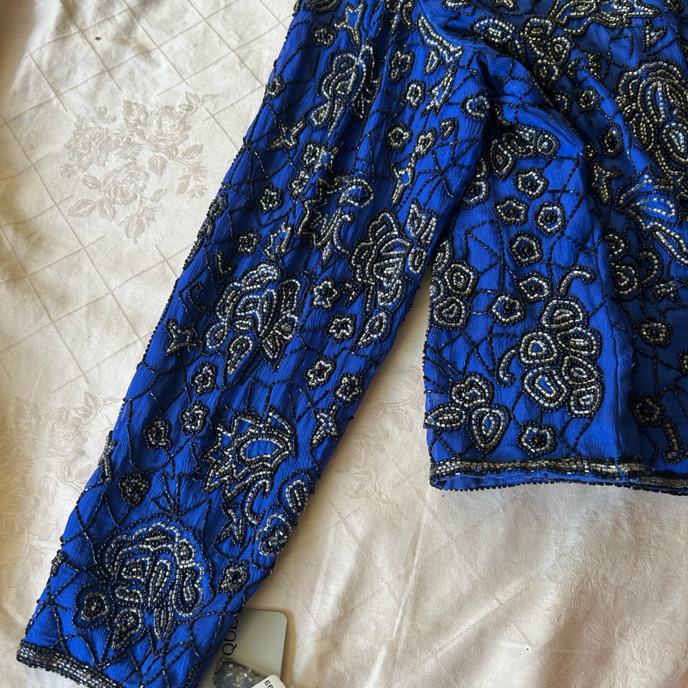 NWT Vintage 1980s Pappell Boutique blue beaded jacket size L. Cabbage Rose theme - Picture 12 of 16